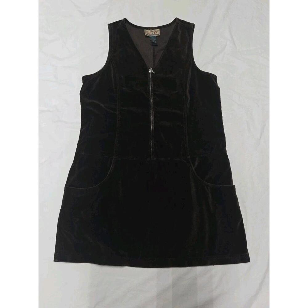 Vintage Express Brown Velvet Zip Front Jumper Mini Dress Size 13/14 Sleeveless